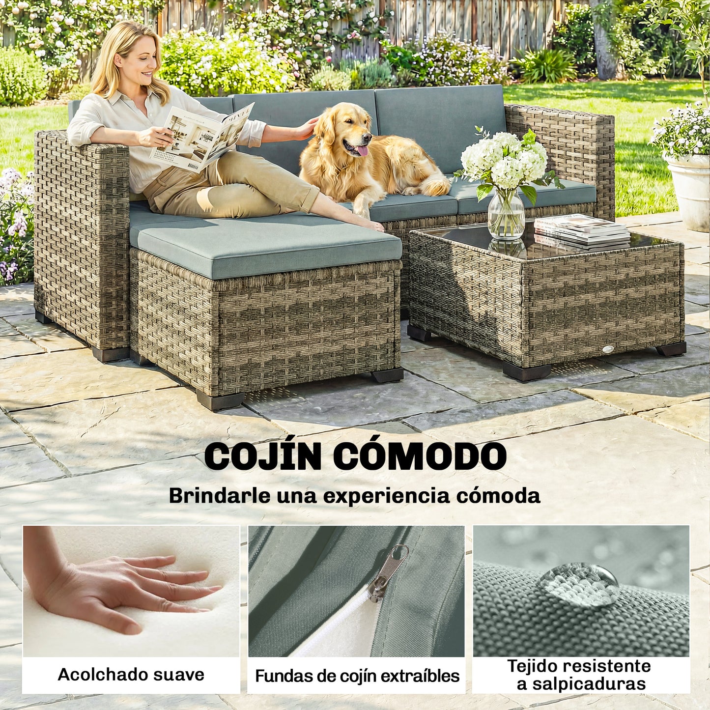 Outsunny Conjunto Muebles Jardín Exterior De Ratán 5 Piezas Cojines Gris Claro_5