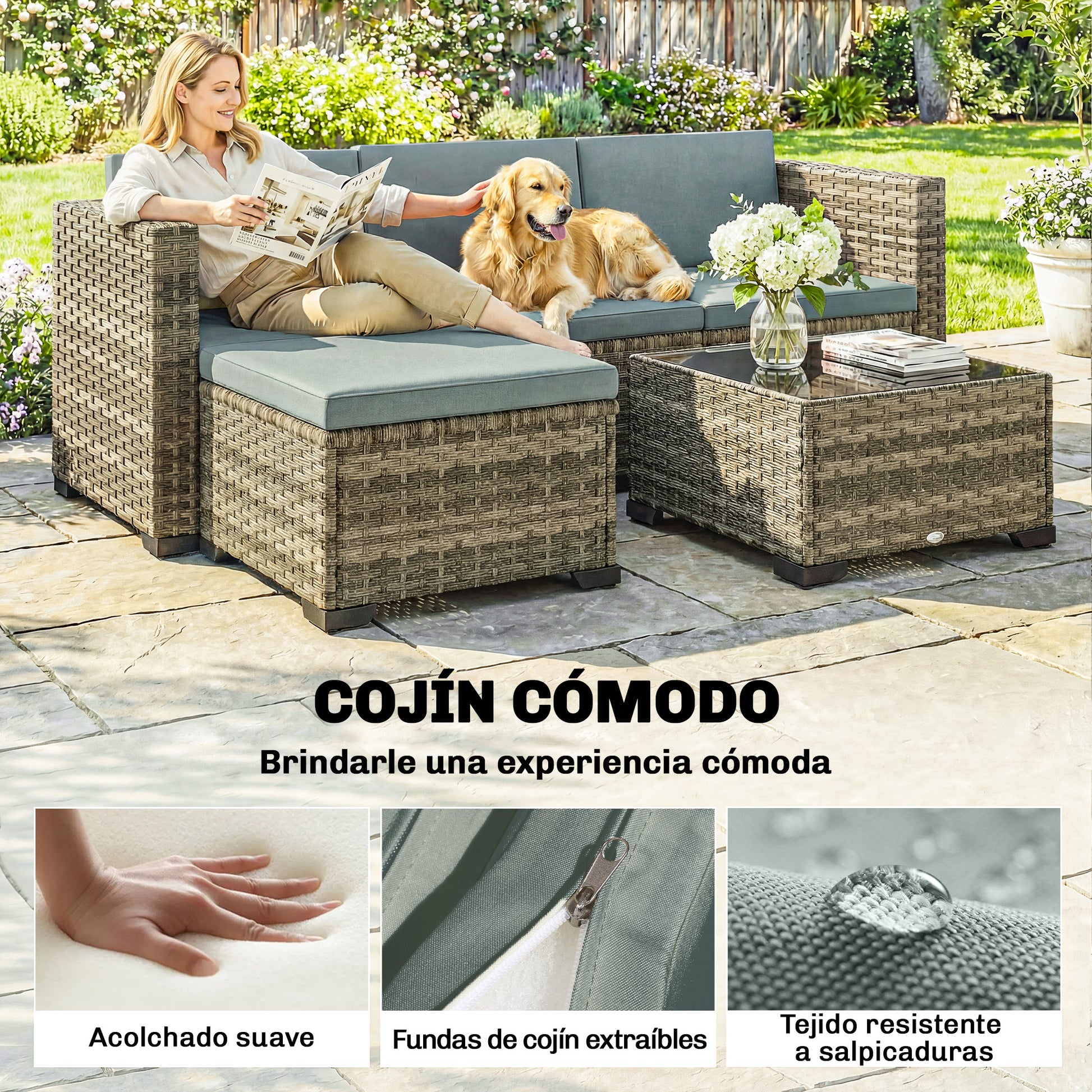 Outsunny Conjunto Muebles Jardín Exterior De Ratán 5 Piezas Cojines Gris Claro_5