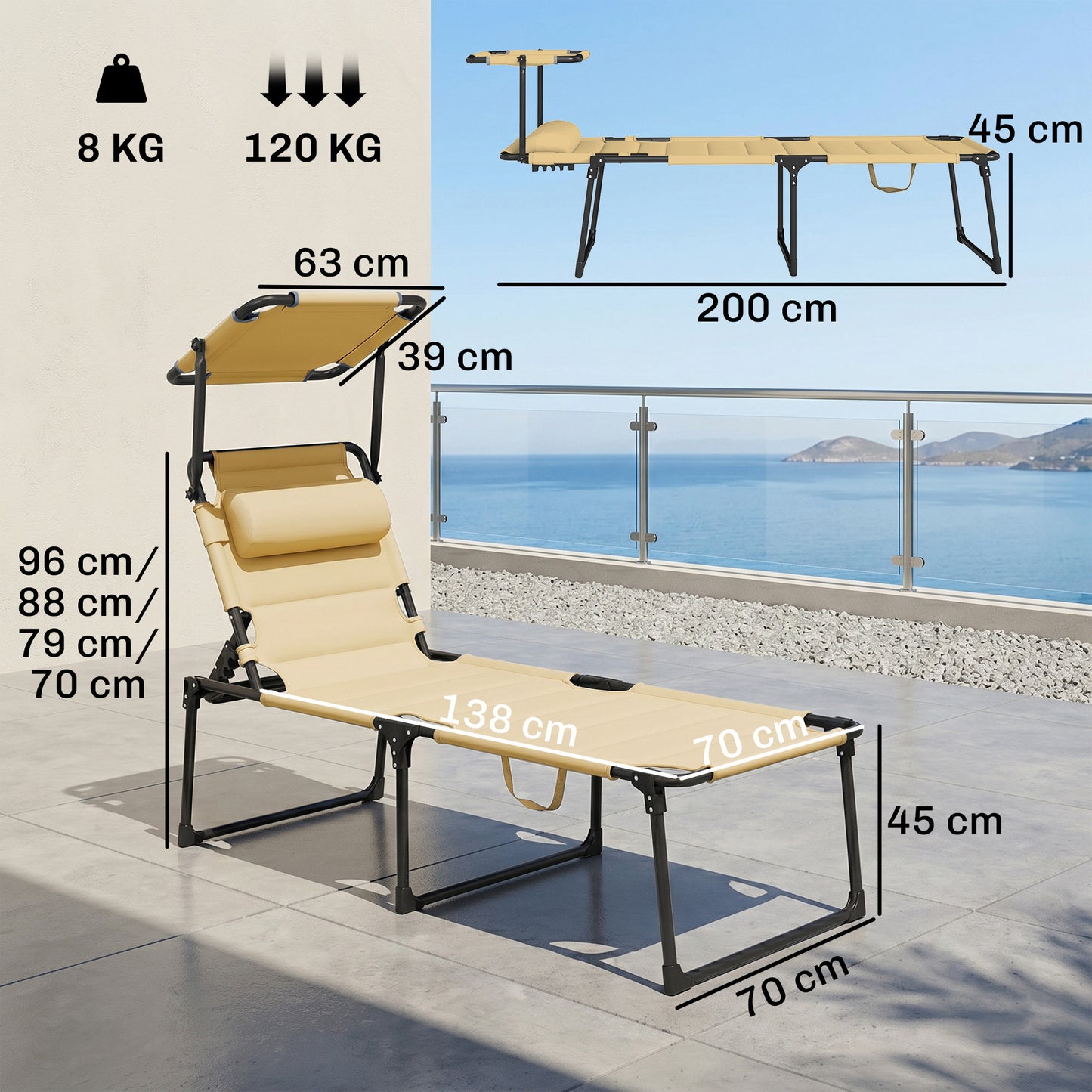 Outsunny Tumbona Plegable Con Respaldo Regulable 70x200x45 Cm Crema_2