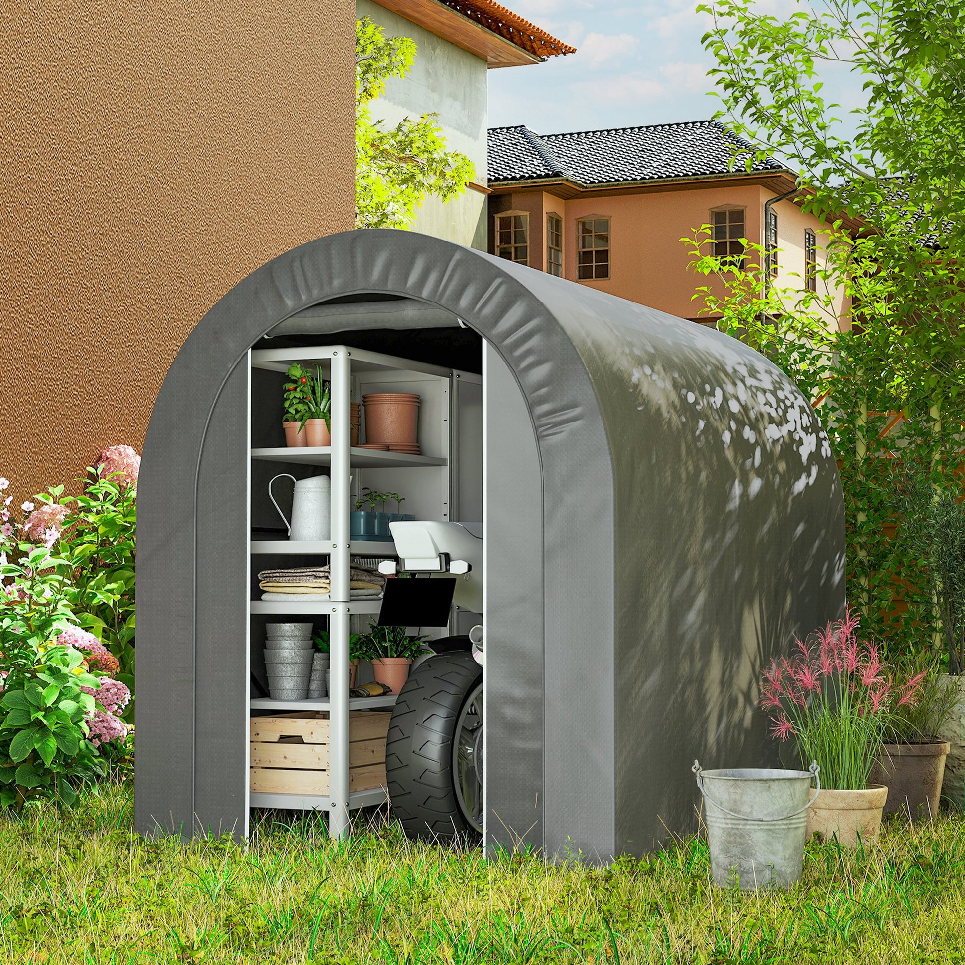 Outsunny Carpa De Jardín Para Herramientas Bicicletas Motos 2,4x1,6x1,9 M Gris_1