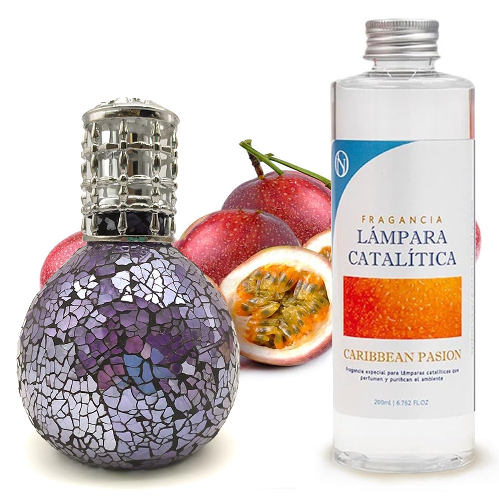 Lámpara Catalítica Mosaico Azul Océano + Fragancia Aroma Caribbean Passion 500 Ml - Elimina Olores, Impurezas Y Perfuma_0