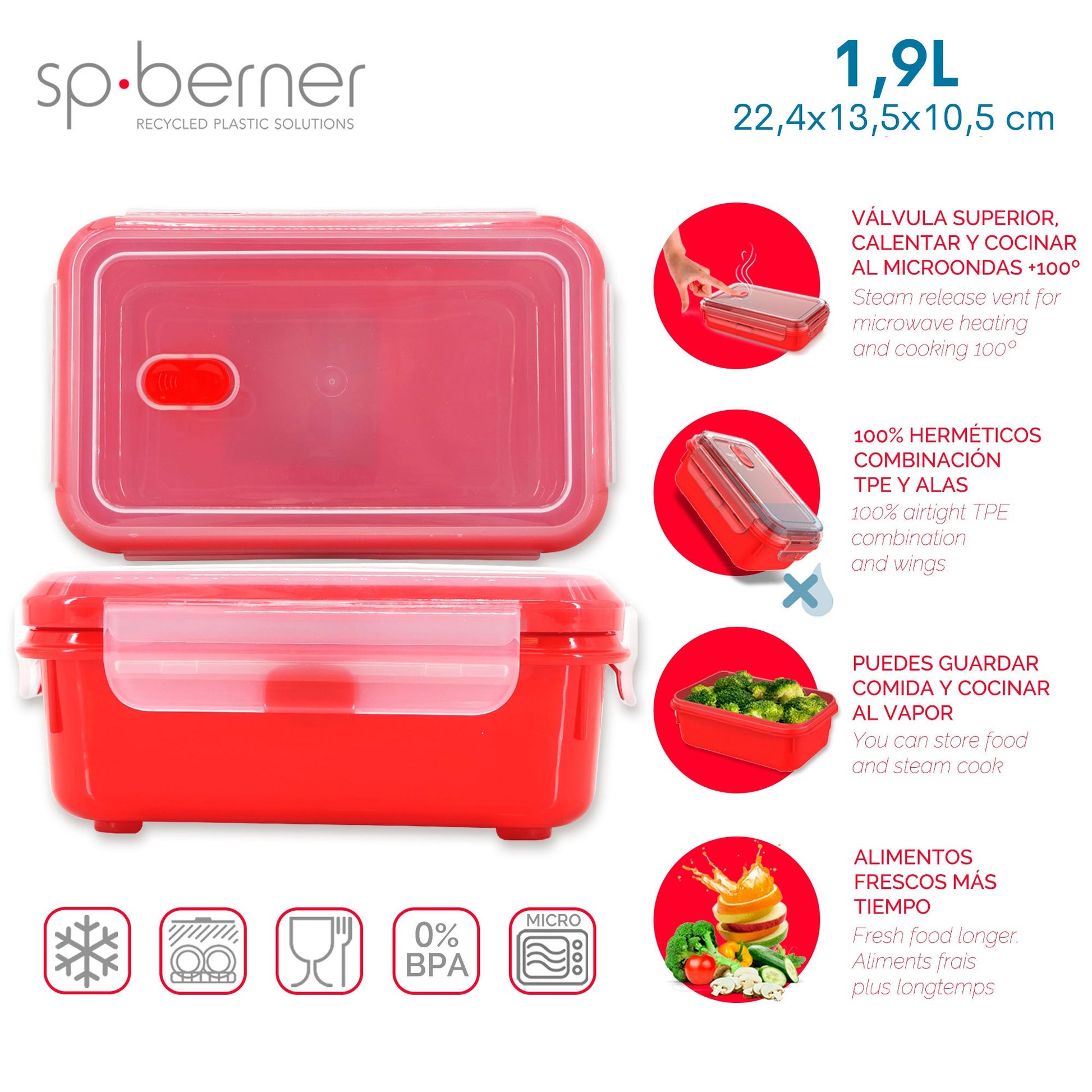 Hermético Super Lock Micro 1,9 L., Apto Para Cocinar Al Vapor En El Microondas, Ideal Transporte Y Almacenamiento De Alimentos, Cierre Clip, Válvula_2