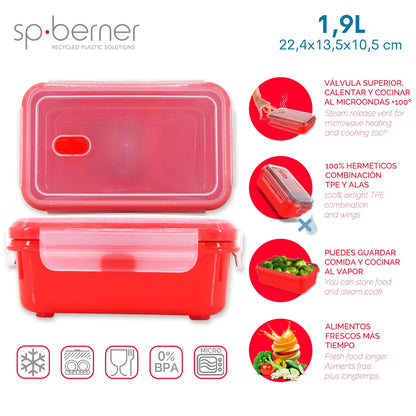 Hermético Super Lock Micro 1,9 L., Apto Para Cocinar Al Vapor En El Microondas, Ideal Transporte Y Almacenamiento De Alimentos, Cierre Clip, Válvula