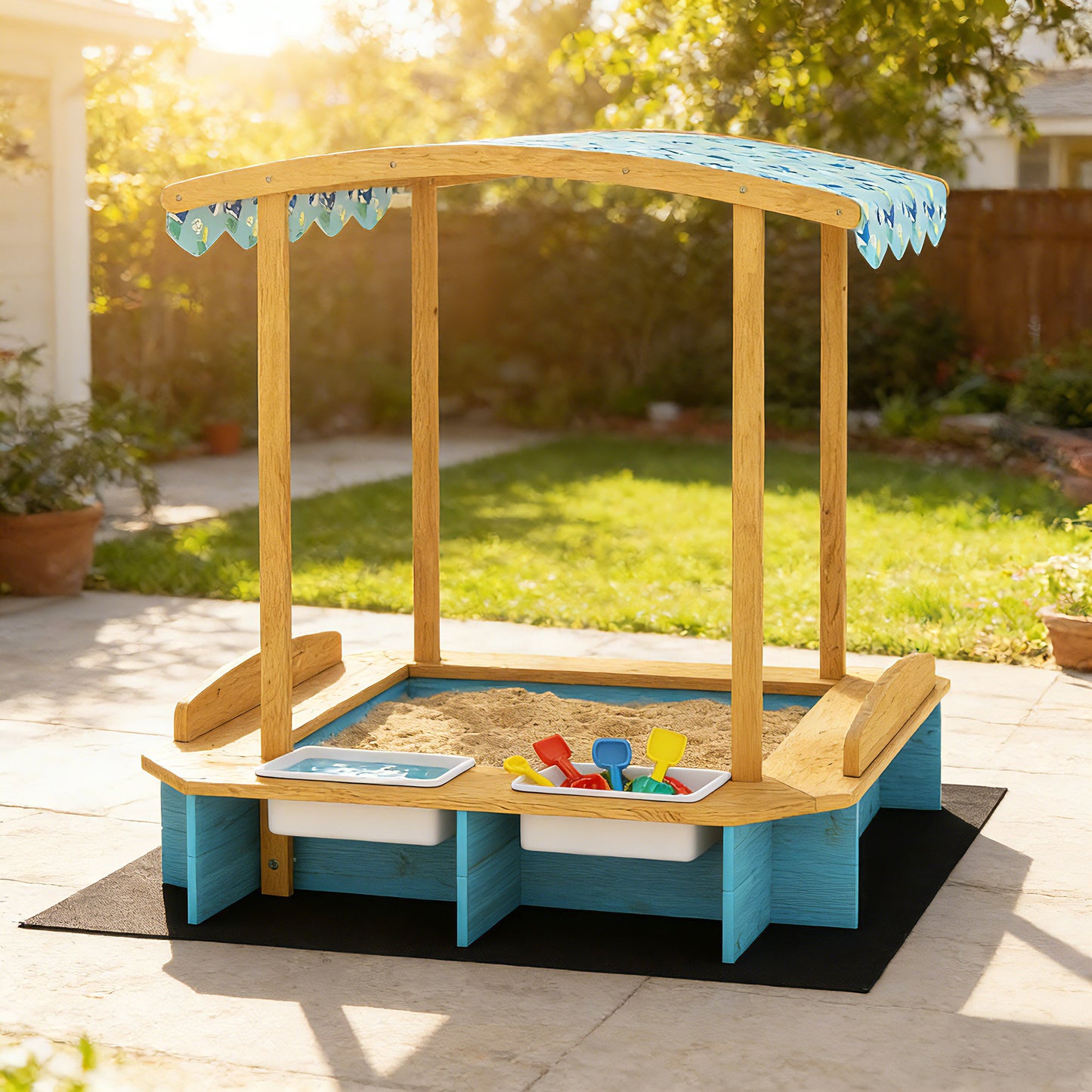 Aiyaplay Arenero Para Niños De Madera Con Techo 3 Bancos 2 Cajas Y Forro Azul_1