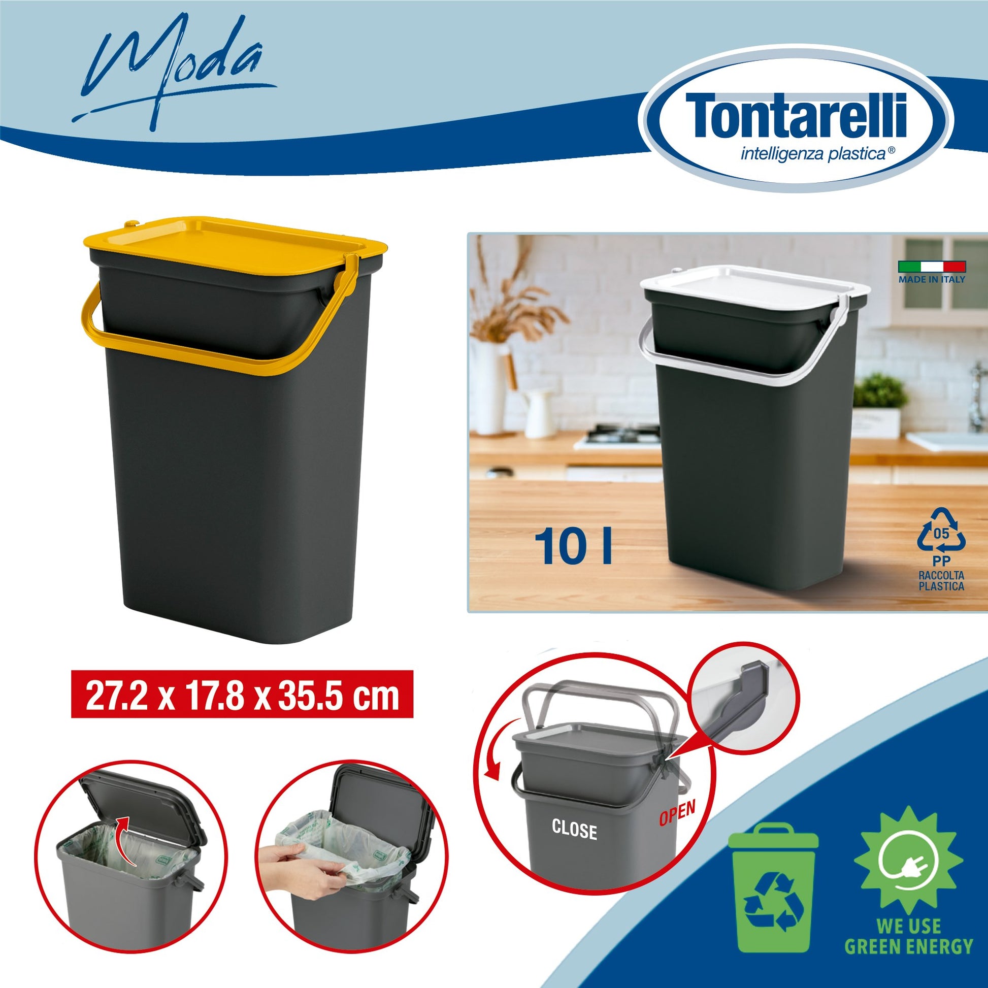 Papelera moda 10l Con Asa (cubo Negro-tapa Ámbar)
