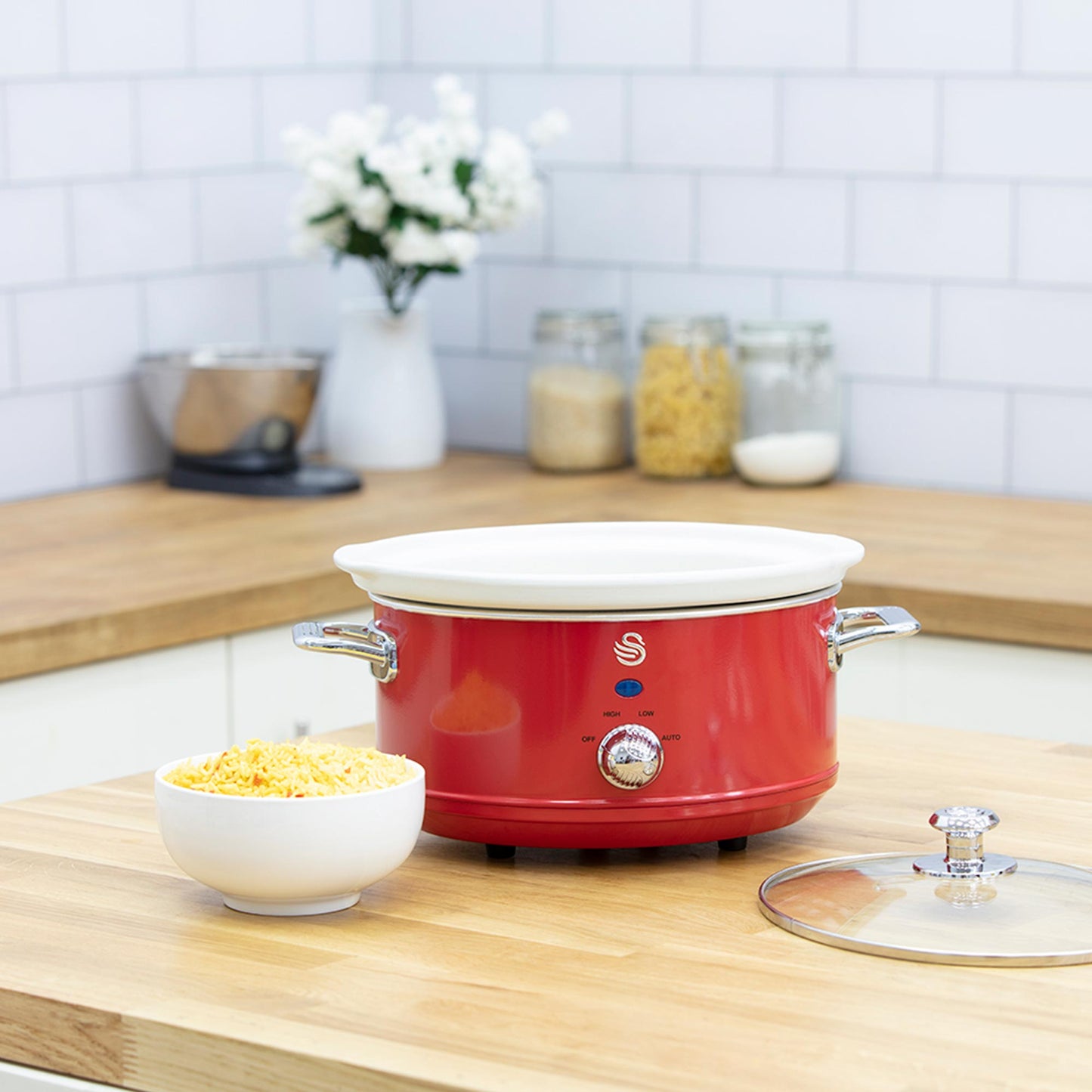 Swan Retro Olla Cocción Lenta, 3,5l, Recipiente Extraíble Antiadherente Cerámica Libre Pfoa, Vintage, Sf17021rneu, Rojo_3