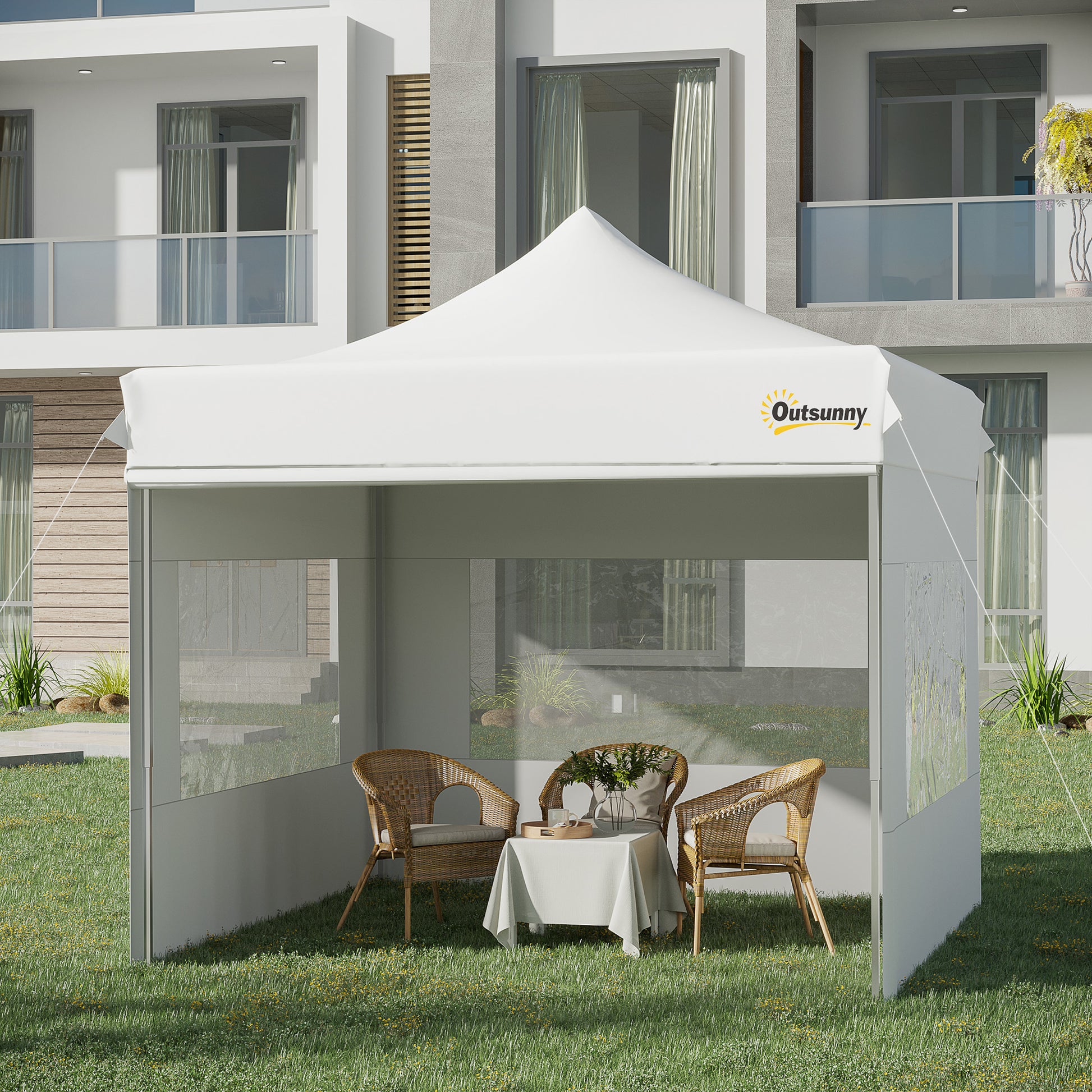 Outsunny Carpa Plegable 3x3 M Con Altura Ajustable Y 4 Paredes Extraíbles Blanco_1
