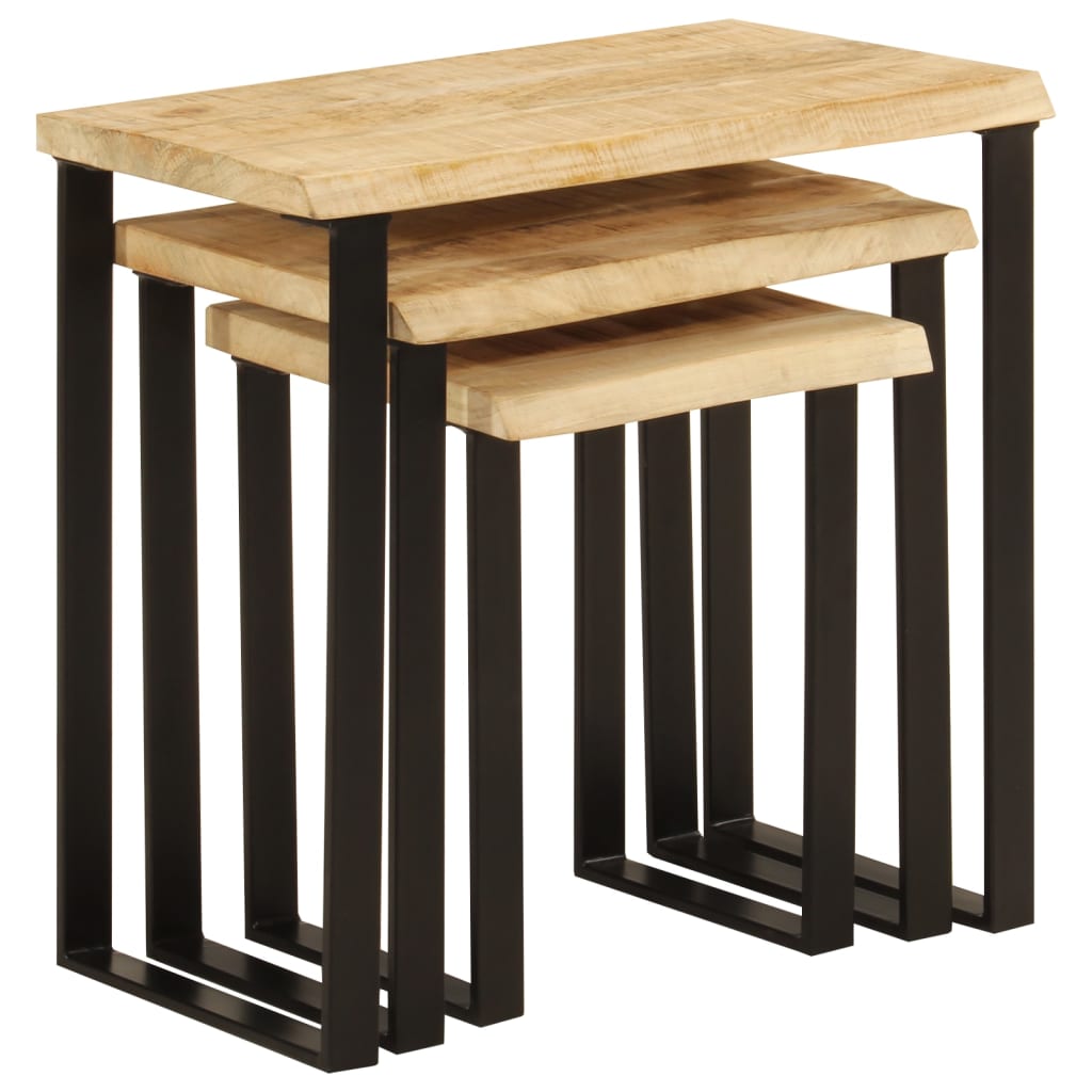 Set De 3 Mesas Apilables Con Borde Natural Madera Maciza Mango_3