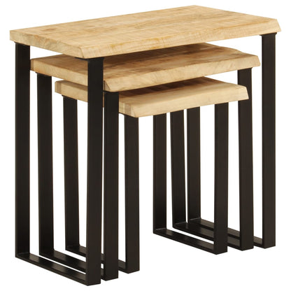 Set De 3 Mesas Apilables Con Borde Natural Madera Maciza Mango_3