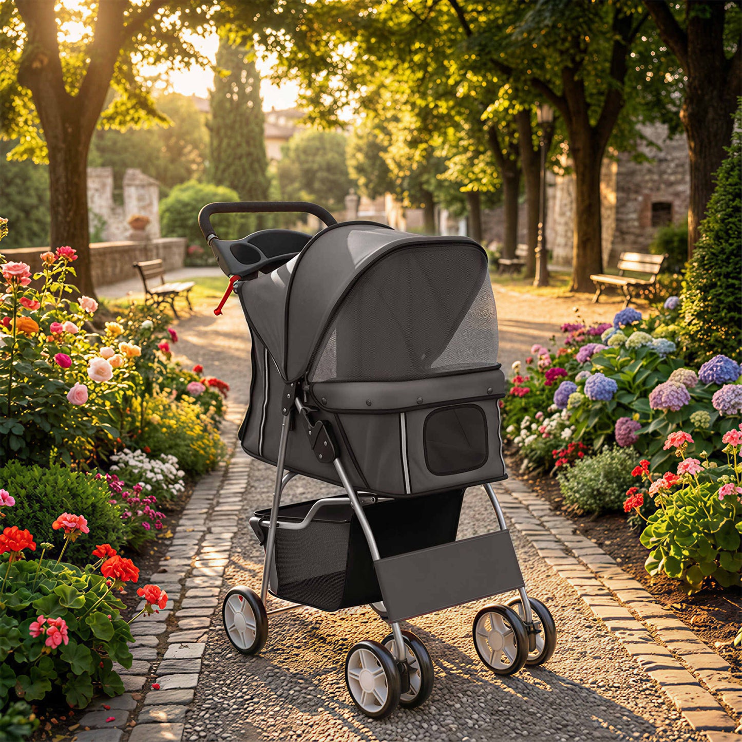 Pawhut Carrito Para Perros Plegable Cesta De Almacenaje 77x44x102 Cm Gris Oscuro_1
