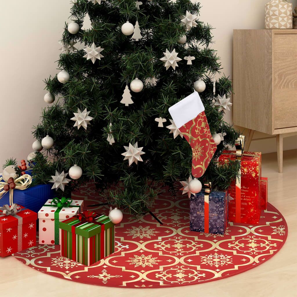 Vidaxl Falda De Árbol De Navidad De Lujo Con Calcetín De Tela Roja De 150 Cm De_1