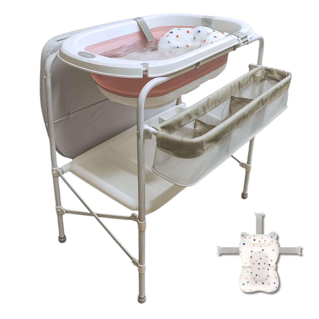 Bathby | Bañera Bebé 5 En 1 Plegable Con Soporte, Cojín Antideslizante, Cambiador (rosa Pro)