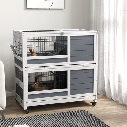 Pawhut Conejera De Madera De 2 Niveles Con Ruedas 90x53x97 Cm Gris_1