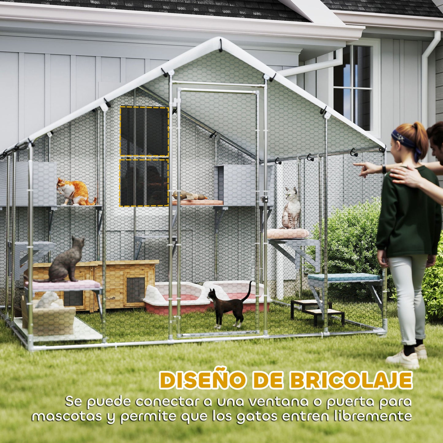 Pawhut Jaula Grande Para Gatos Exterior Con 2 Casitas 240x193x195 Cm Plata_5