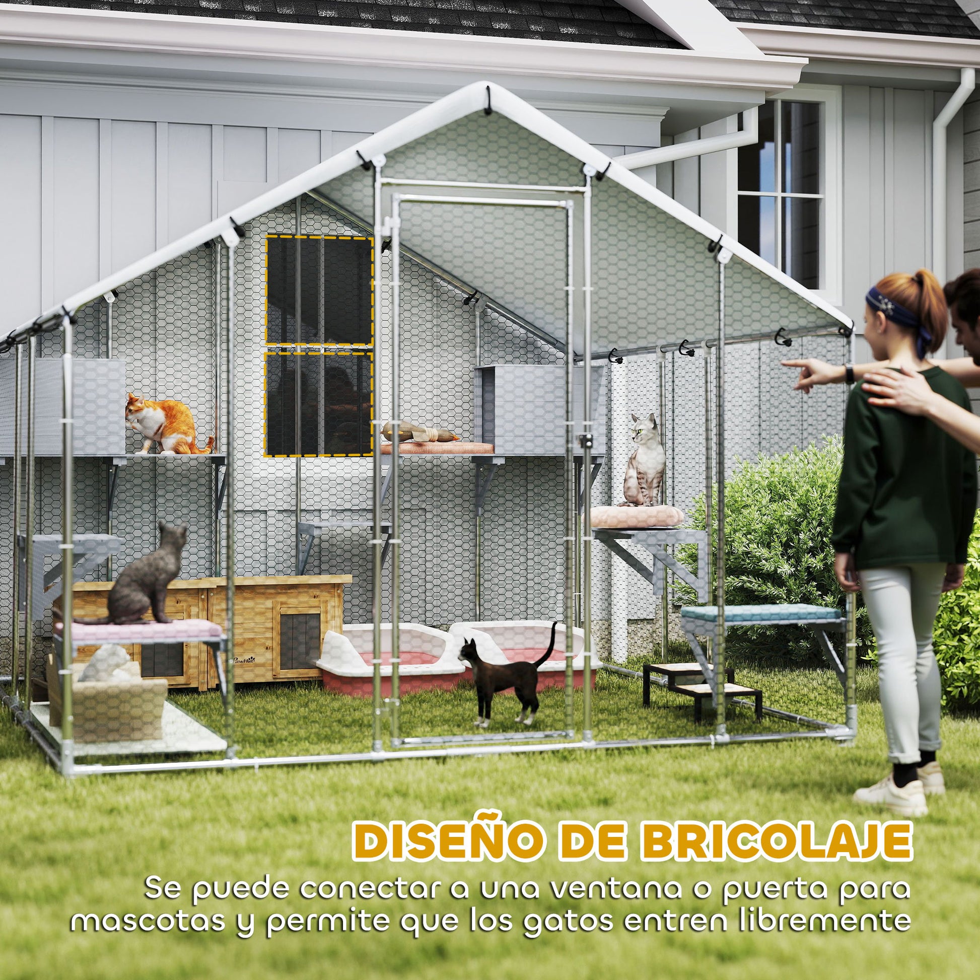 Pawhut Jaula Grande Para Gatos Exterior Con 2 Casitas 240x193x195 Cm Plata_5