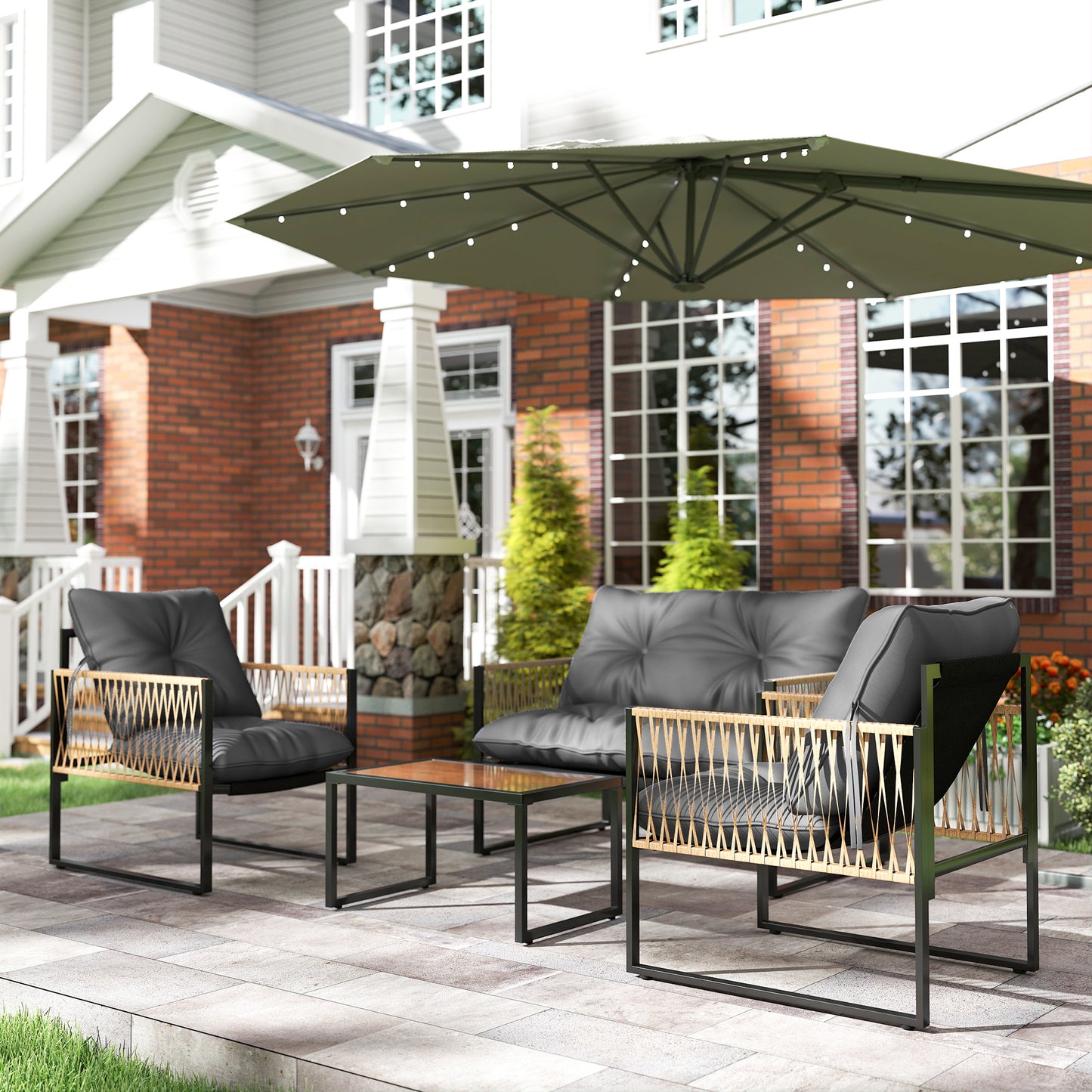 Outsunny Conjunto De Jardín Exterior De Ratán Sintético De 4 Piezas Gris Oscuro_1