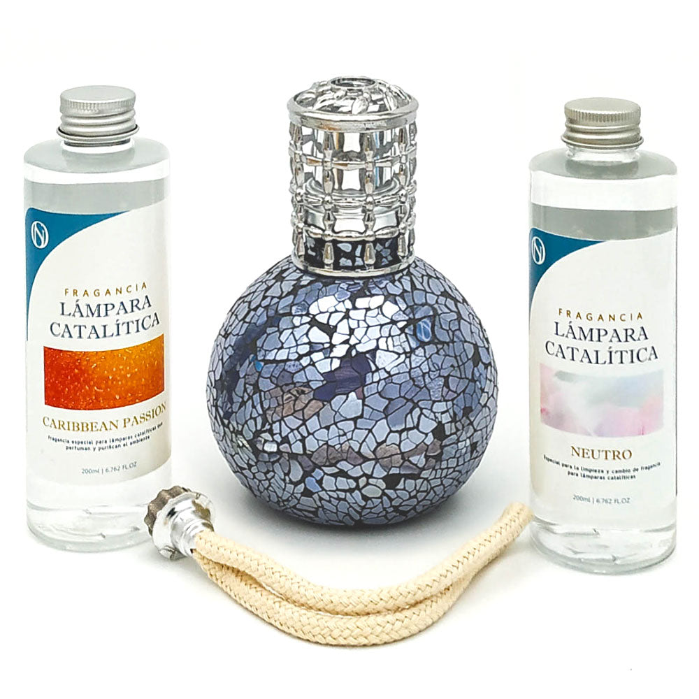 Pack Lámpara Catalítica Mosaico Azul Océano + Fragancia Caribbean Passion 500ml + Limpiador 200ml + Mecha De Repuesto_0
