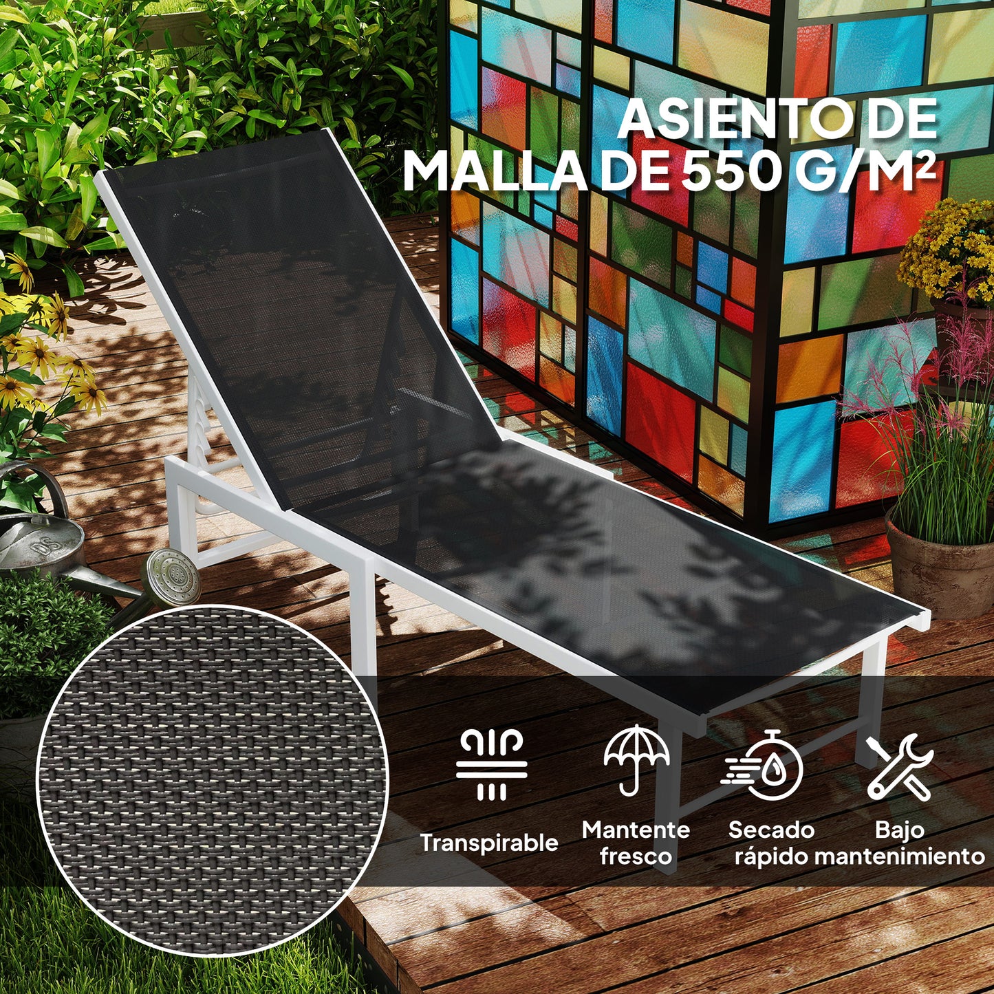Outsunny Tumbona Jardín Exterior Con Ruedas Respaldo Ajustable 166x60x84 Cm Gris_4