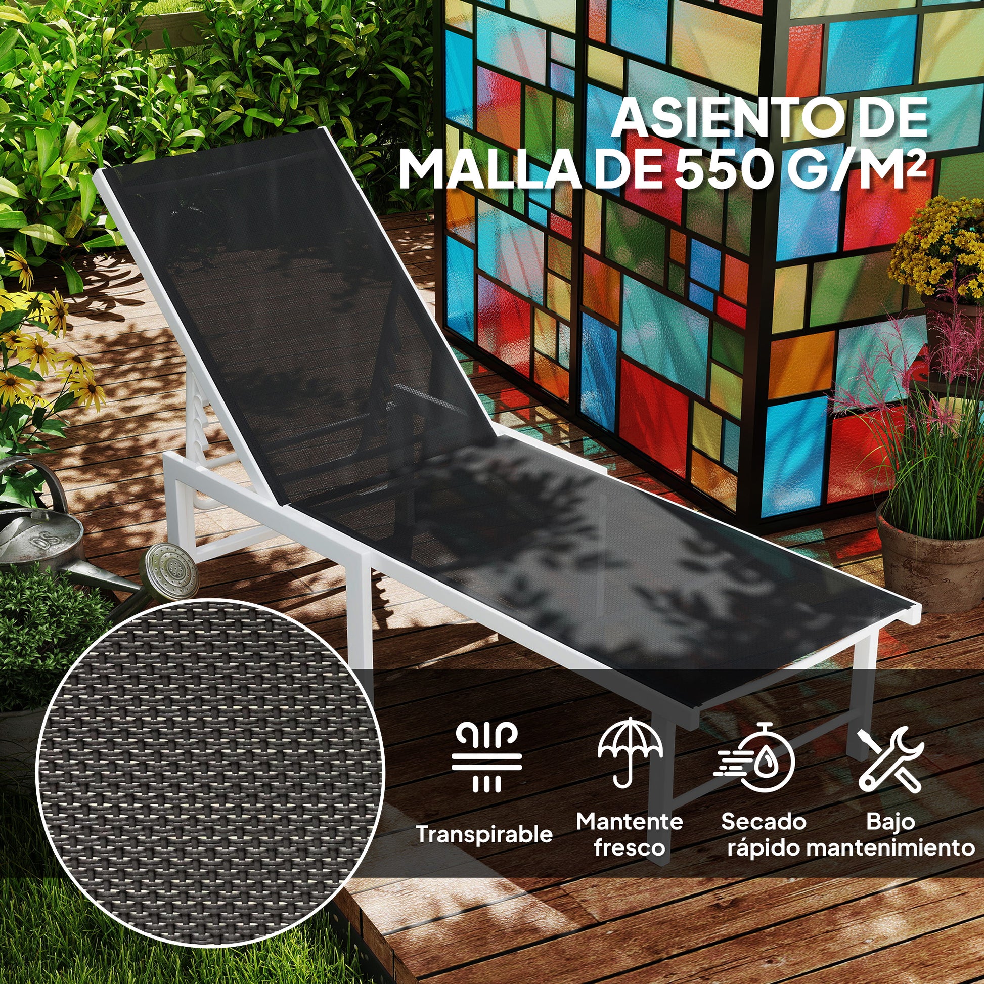 Outsunny Tumbona Jardín Exterior Con Ruedas Respaldo Ajustable 166x60x84 Cm Gris_4
