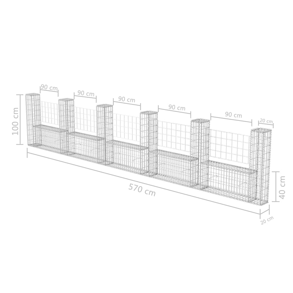 Cesta En Forma De U Muro De Gaviones Galvanizado 570x20x100 Cm / Vetonek_1