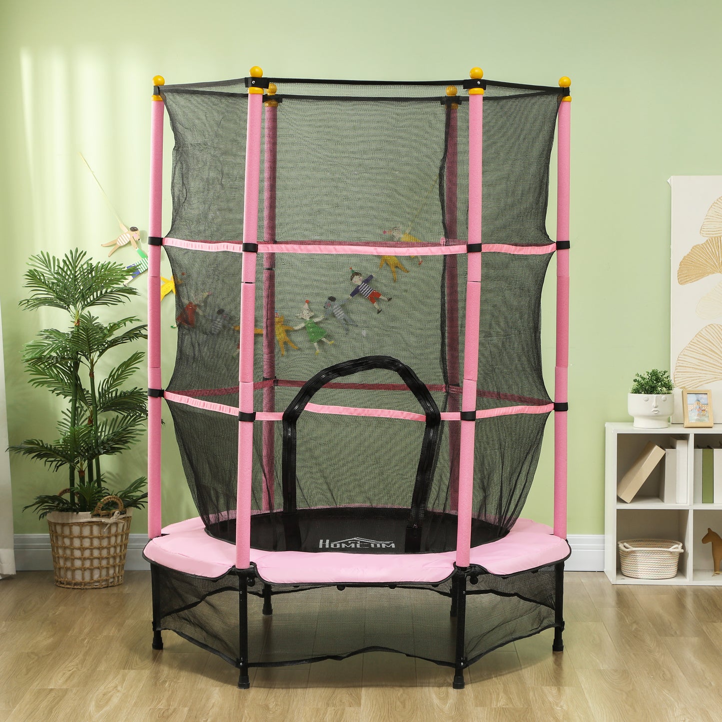 Homcom Cama Elástica Infantil Ø140 Cm Con Red De Seguridad Rosa Y Negro_1
