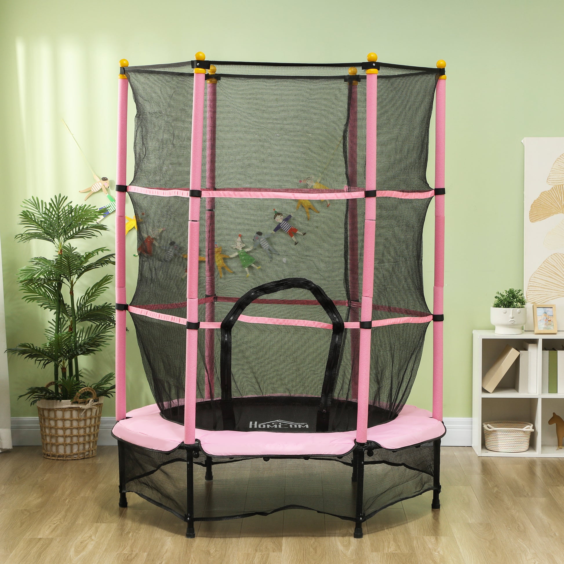 Homcom Cama Elástica Infantil Ø140 Cm Con Red De Seguridad Rosa Y Negro_1
