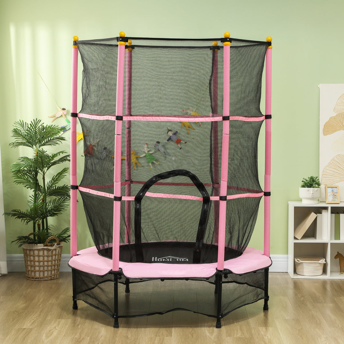 Homcom Cama Elástica Infantil Ø140 Cm Con Red De Seguridad Rosa Y Negro_1