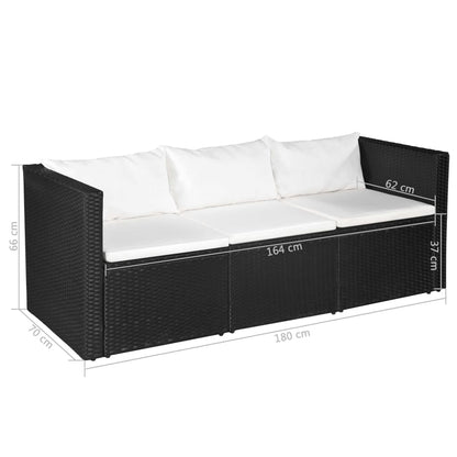 Vidaxl Sofá De Jardín 3 Plazas Ratán Sintético Negro Cojines Blancos_3