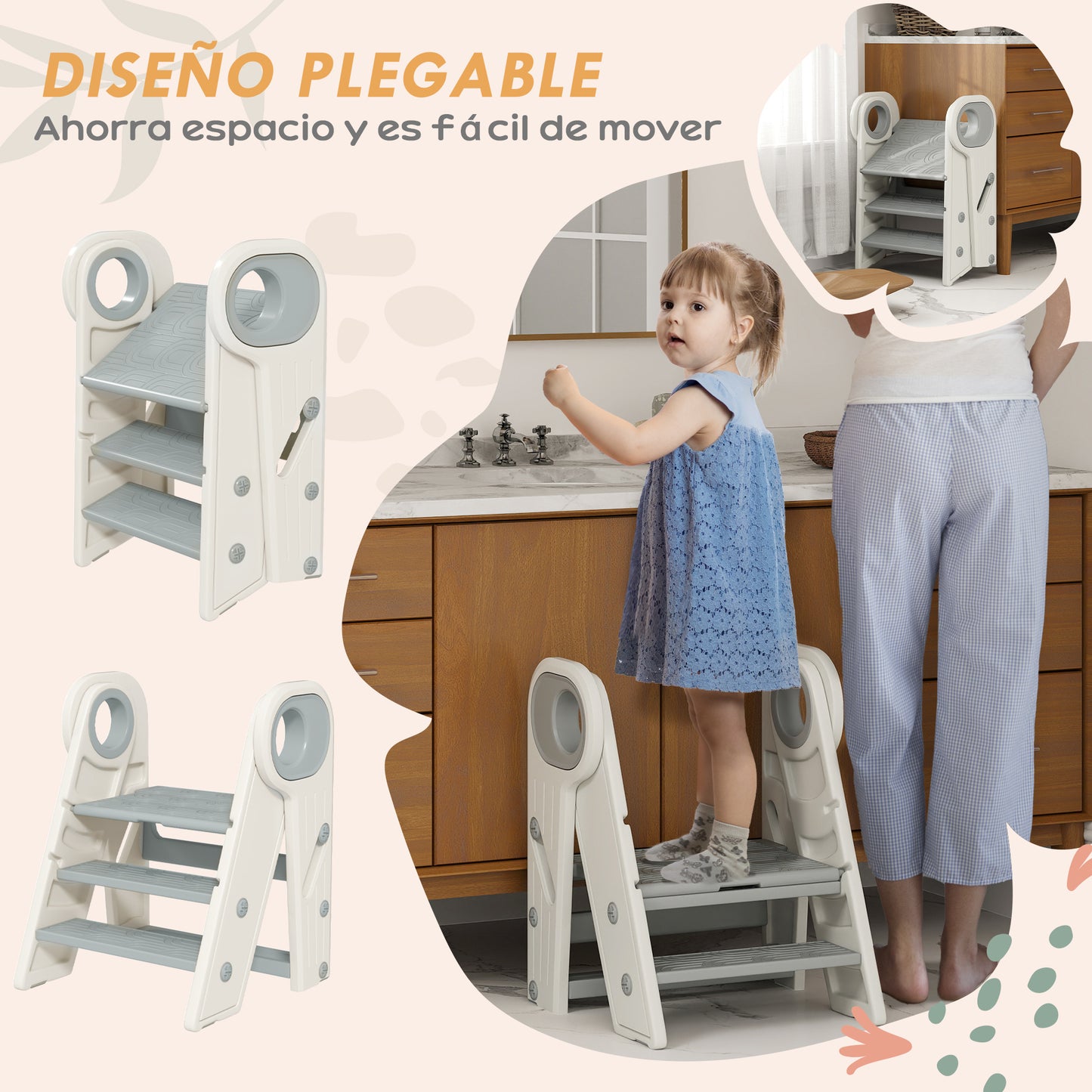 Aiyaplay Taburete Para Niños Plegable Y Ajustable Con Asa Gris Y Blanco_3