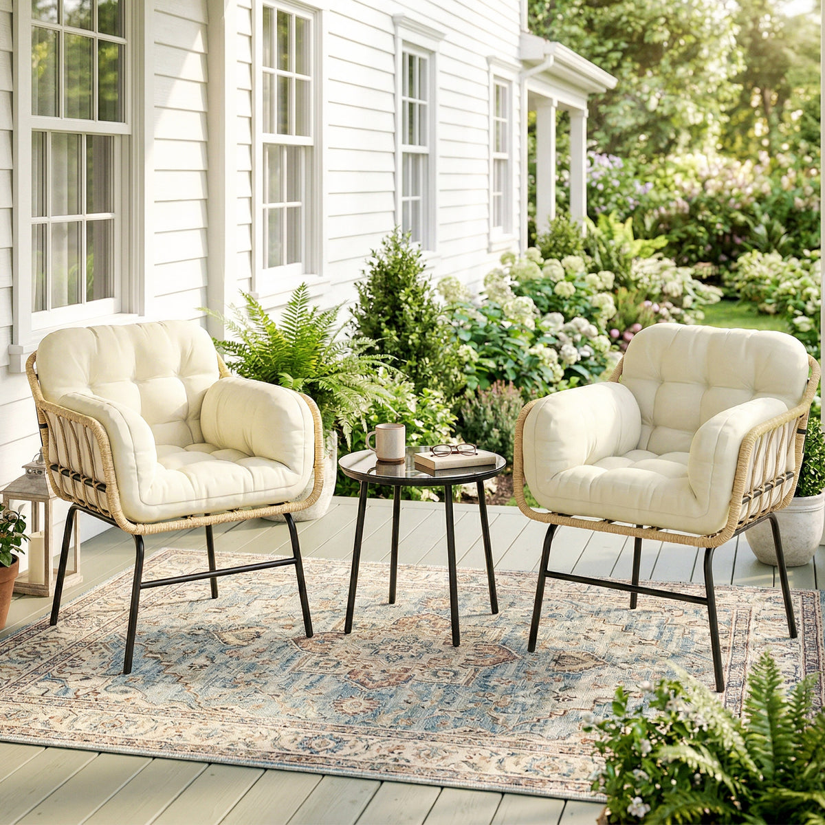 Outsunny Conjunto De Jardín Exterior De 3 Piezas 2 Sillas Con Cojines Mesa Crema_1