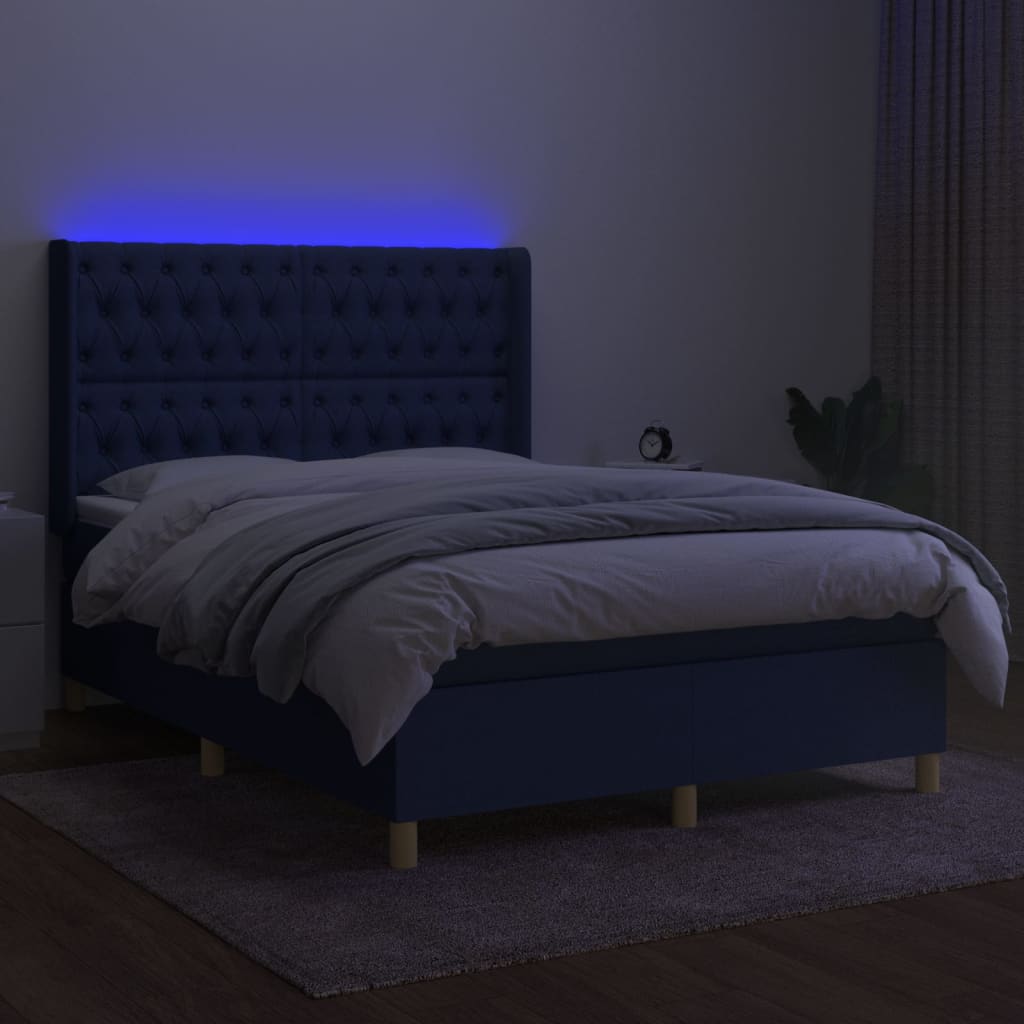 Cama Box Spring Colchón Y Luces Led Tela Azul 140x190 Cm / Vetonek_2