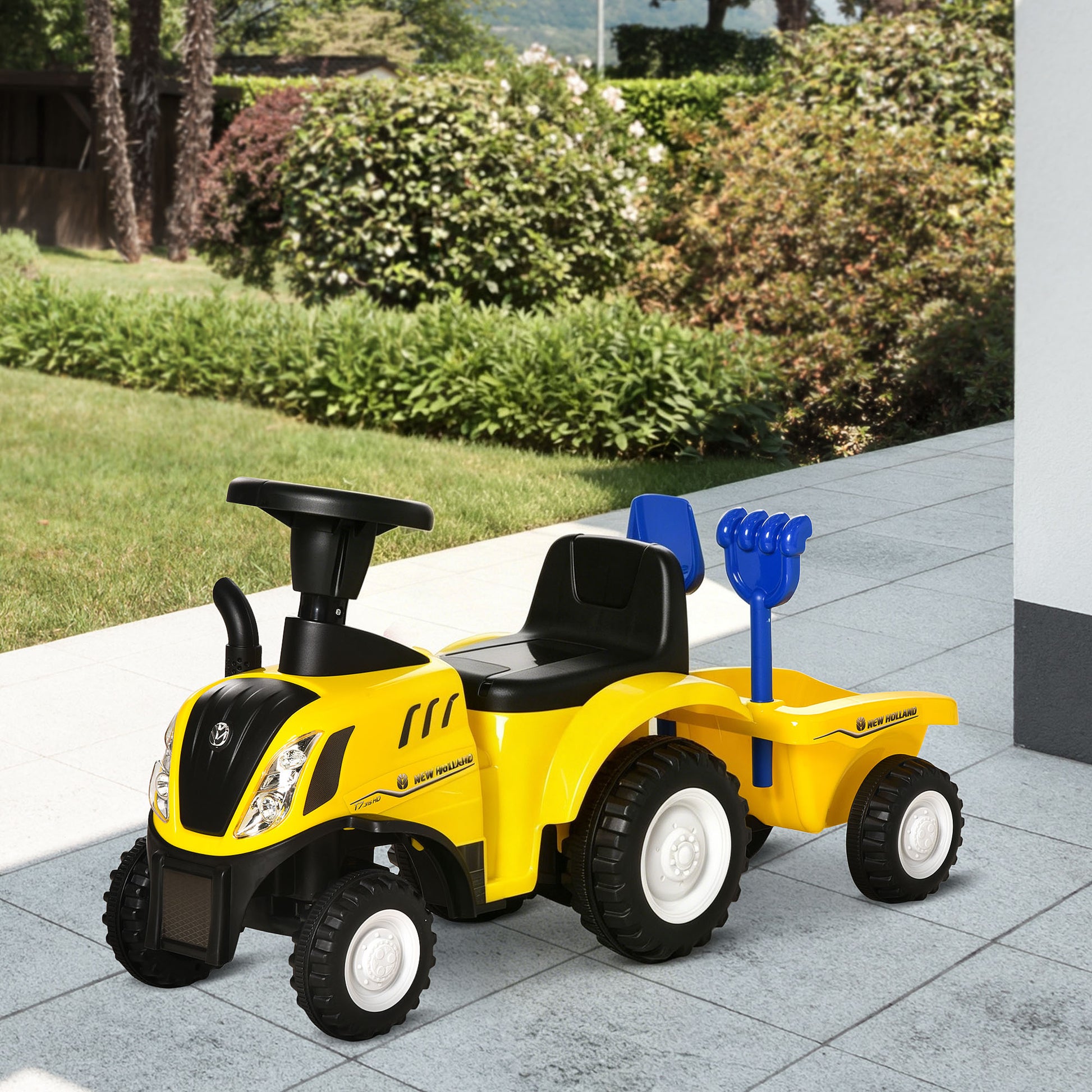 Homcom Tractor Con Remolque Para Niños 12-36 Meses Con Faros Pala Y Rastrillo_1