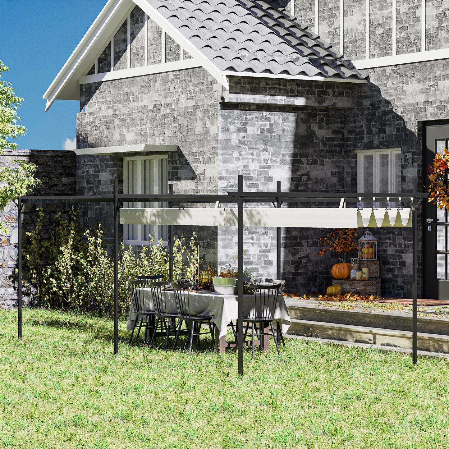 Outsunny Pérgola Con Techo Retráctil 6x3 M Anti-uv Resistente Al Agua Crema_3