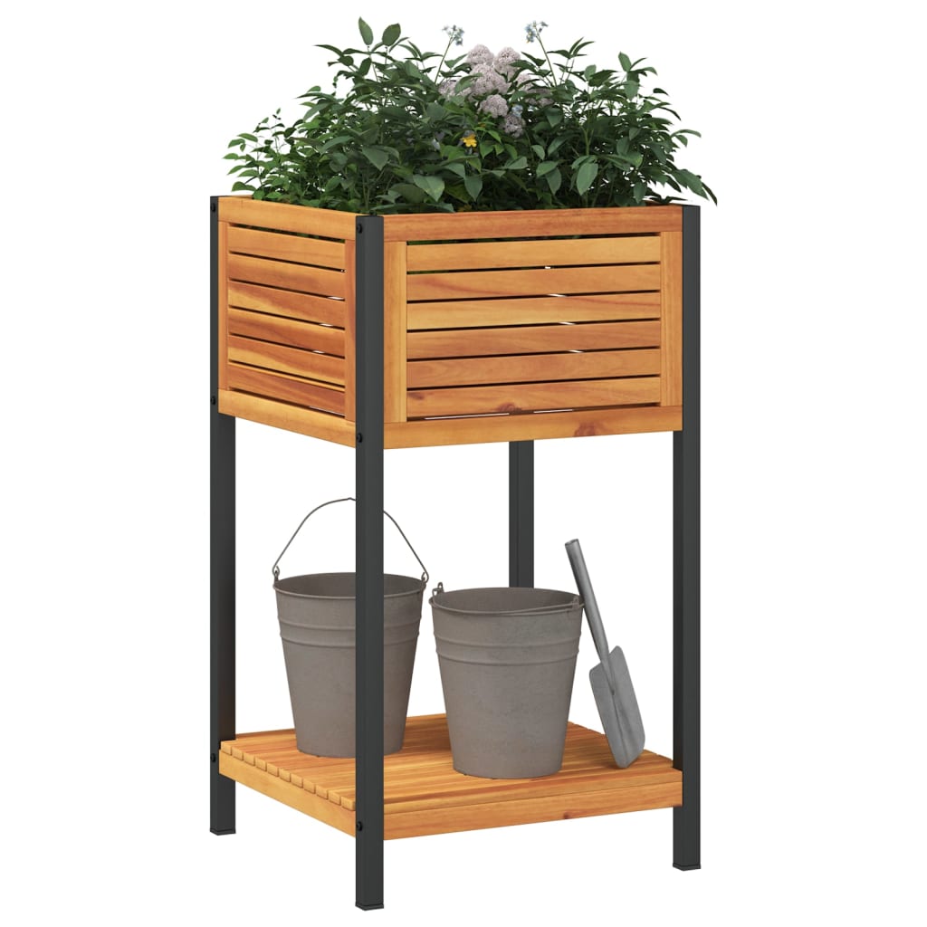 Jardinera Con Estante Madera Maciza Acacia Y Acero 45x45x80 Cm_2