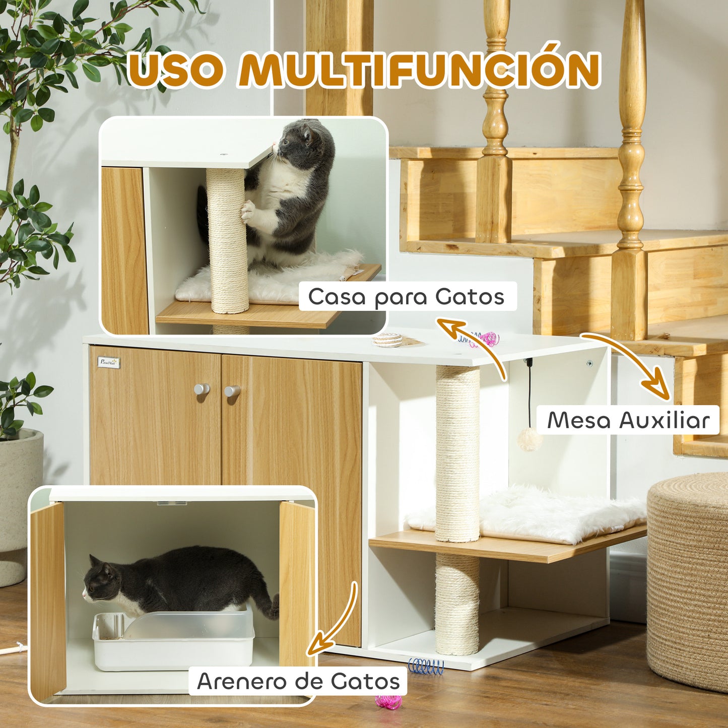 Pawhut Mueble Arenero Para Gatos 3 En 1 Con Puertas Centro De Juegos Blanco_3