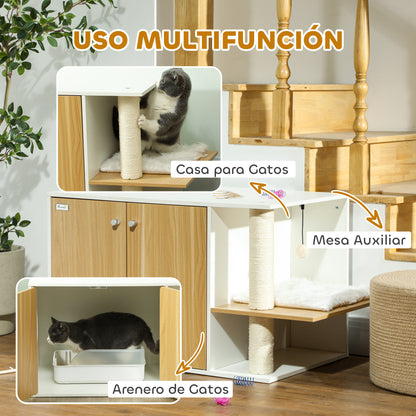 Pawhut Mueble Arenero Para Gatos 3 En 1 Con Puertas Centro De Juegos Blanco_3