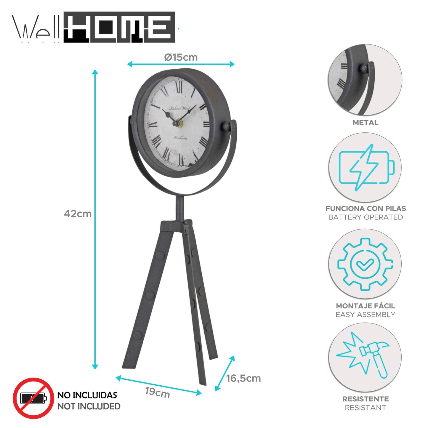 Well Home Reloj De Sobremesa En Metal 19x16,5x42cm