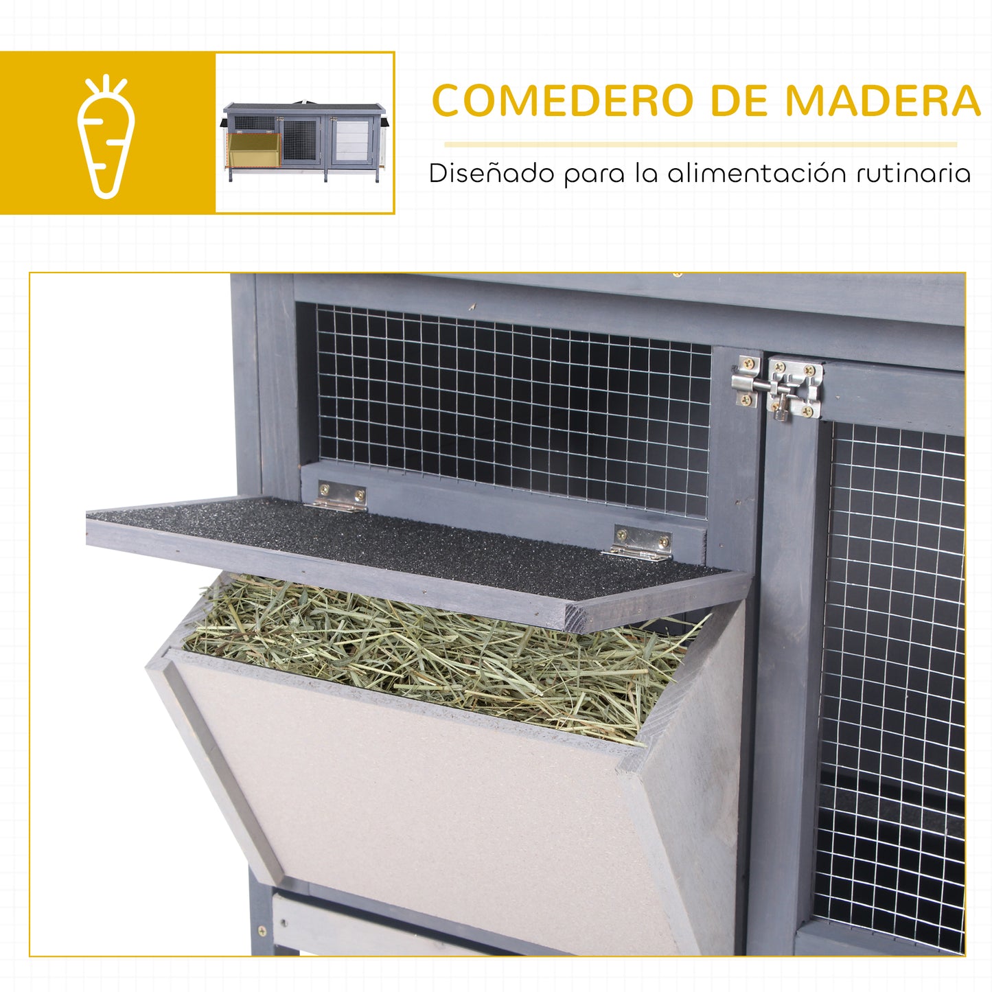 Pawhut Conejera De Madera Con Techo Abatible Y Puertas 112x50x54 Cm Gris_5