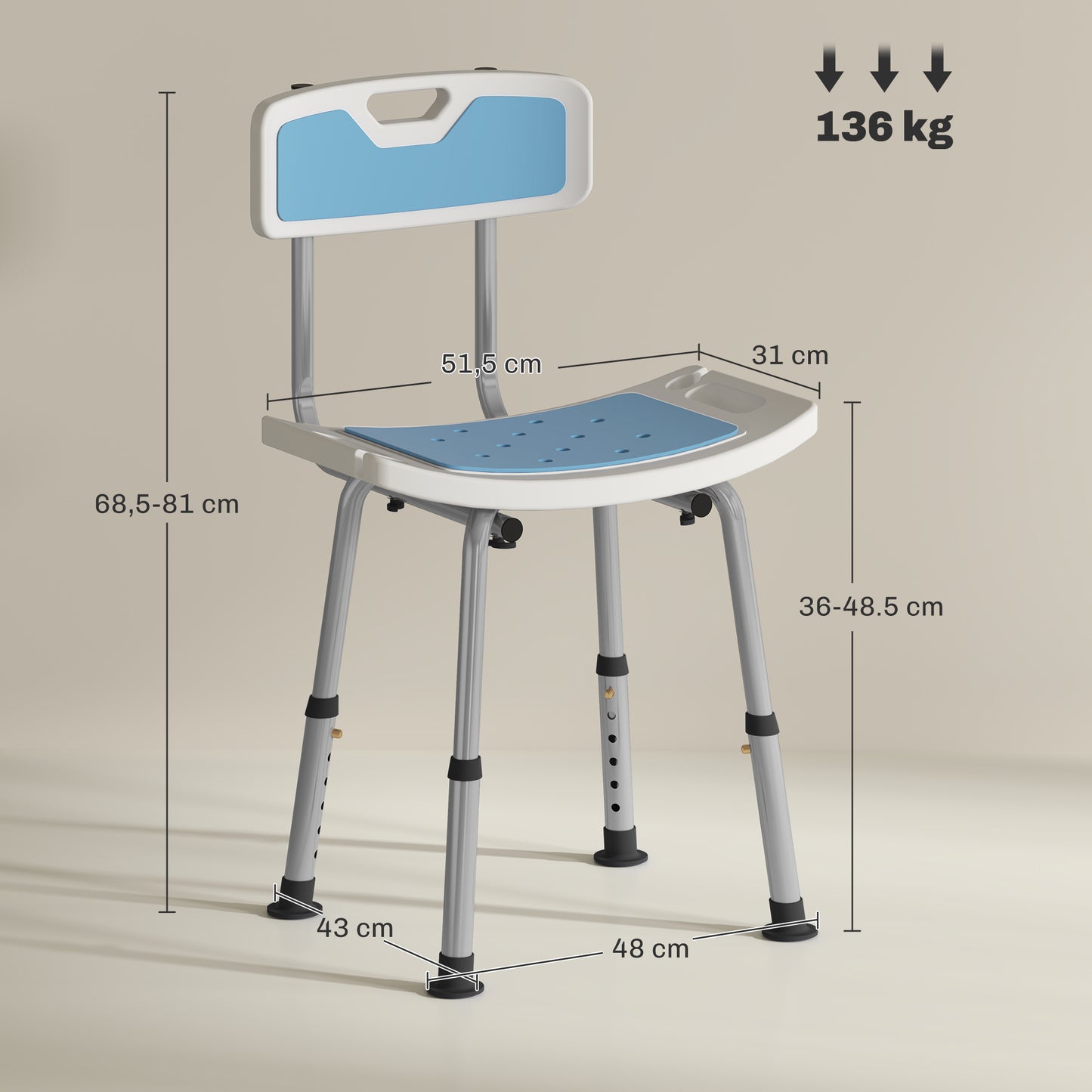Homcom Silla Ducha Personas Mayores Con Respaldo Altura Ajustable Carga 136 Kg_2
