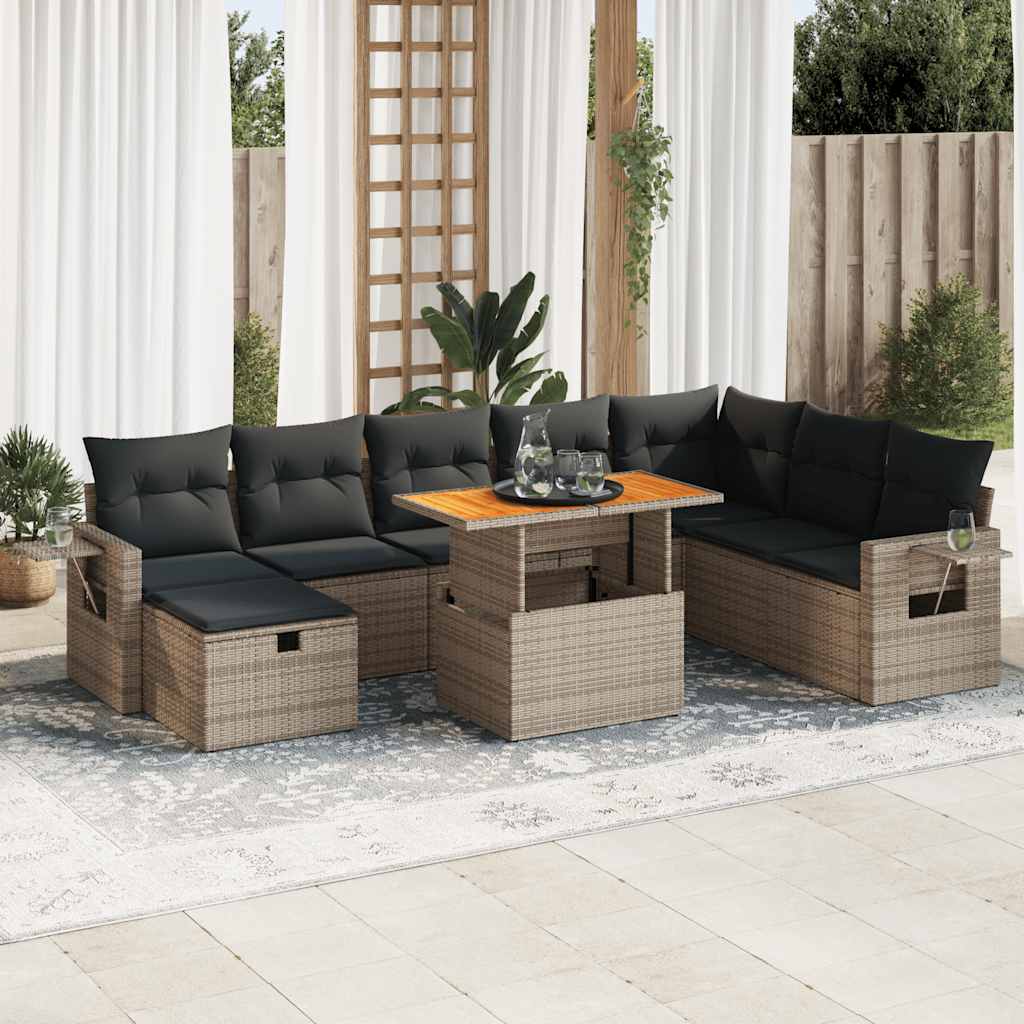 Set Sofás Jardín Y Cojines 9 Pzas Ratán Sintético Acacia Gris / Vetonek_2