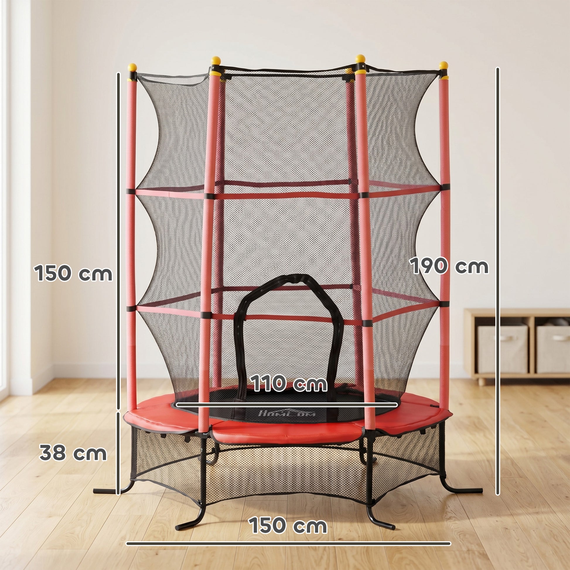 Homcom Cama Elástica Infantil Ø163 Cm Con Red De Seguridad Rojo Y Negro_2