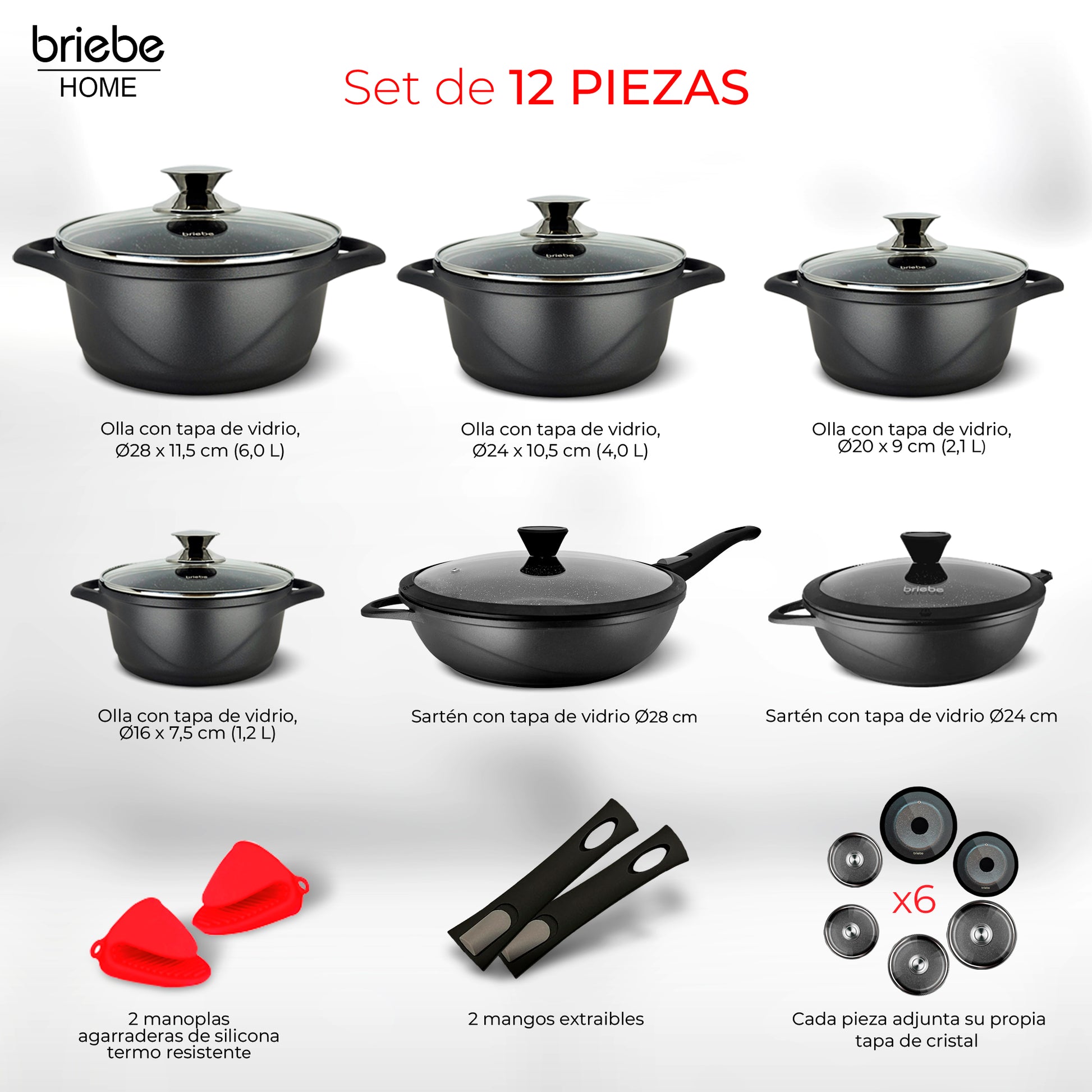 Briebe Batería De Cocina Inducción 12 Piezas Aluminio Fundido 4 Ollas 2 Sartenes Antiadherente Tapas, Mgk1219, Negro_3