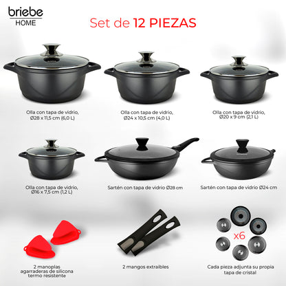 Briebe Batería De Cocina Inducción 12 Piezas Aluminio Fundido 4 Ollas 2 Sartenes Antiadherente Tapas, Mgk1219, Negro_3