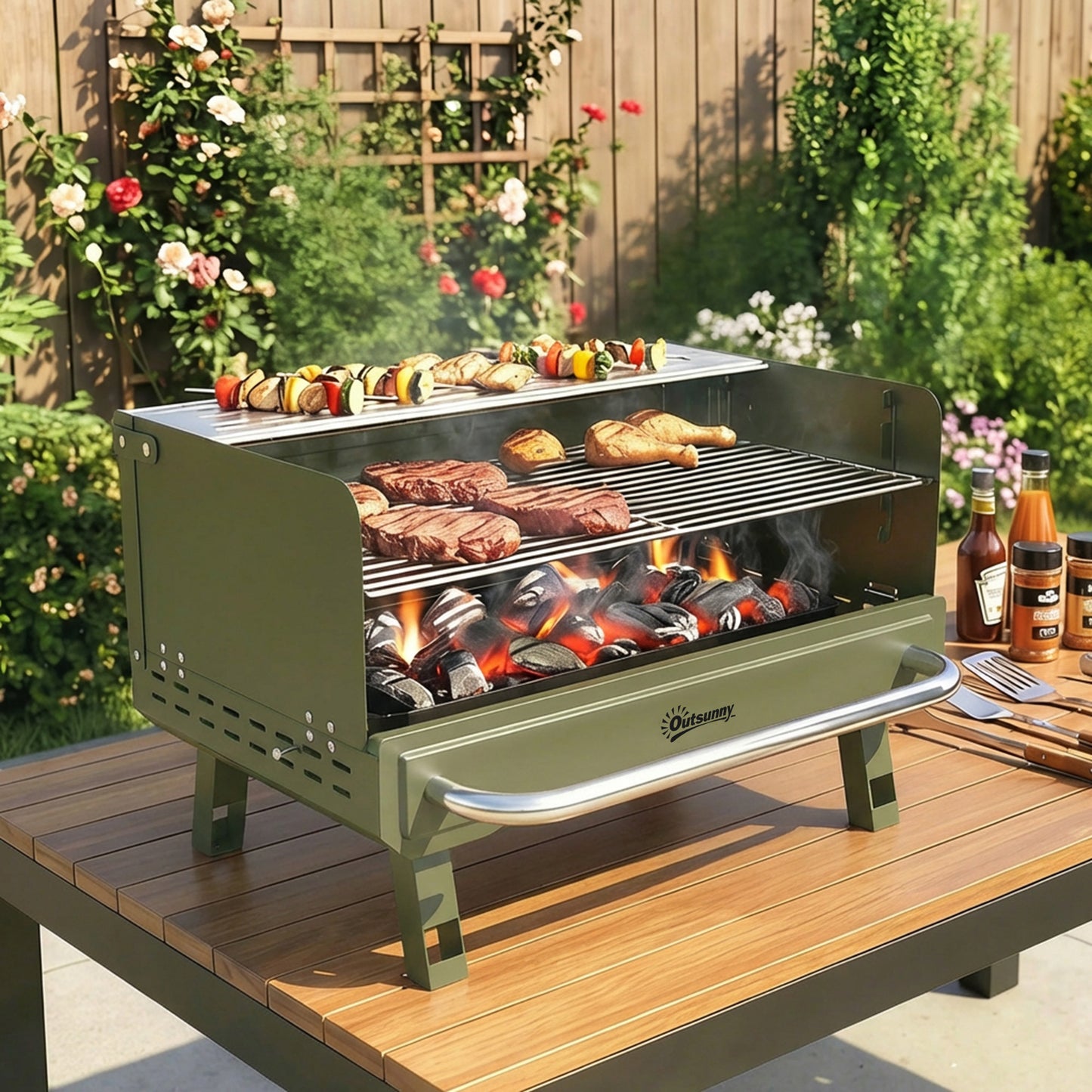 Outsunny Barbacoa De Carbón Plegable Con Rejilla Ajustable 52x37x31,8 Cm Verde_1