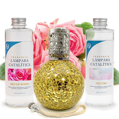 Pack Ahorro Lámpara Catalítica Mosaico Dorado + Fragancia Bed Of Roses 200ml + Limpiador Neutro 200ml + Mecha Repuesto_0