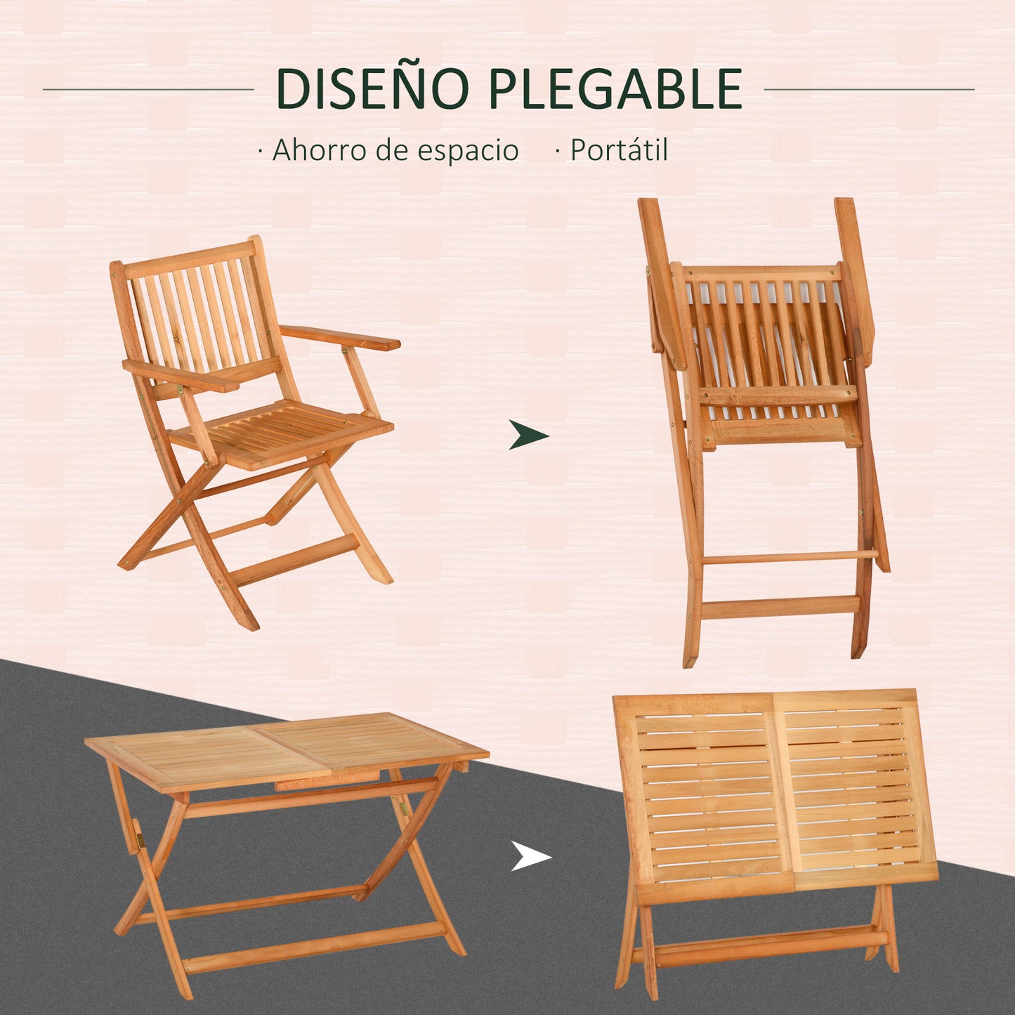 Outsunny Conjunto De Jardín De Madera Plegable Set Mesa 120x70x72 Cm Y 4 Sillas_5