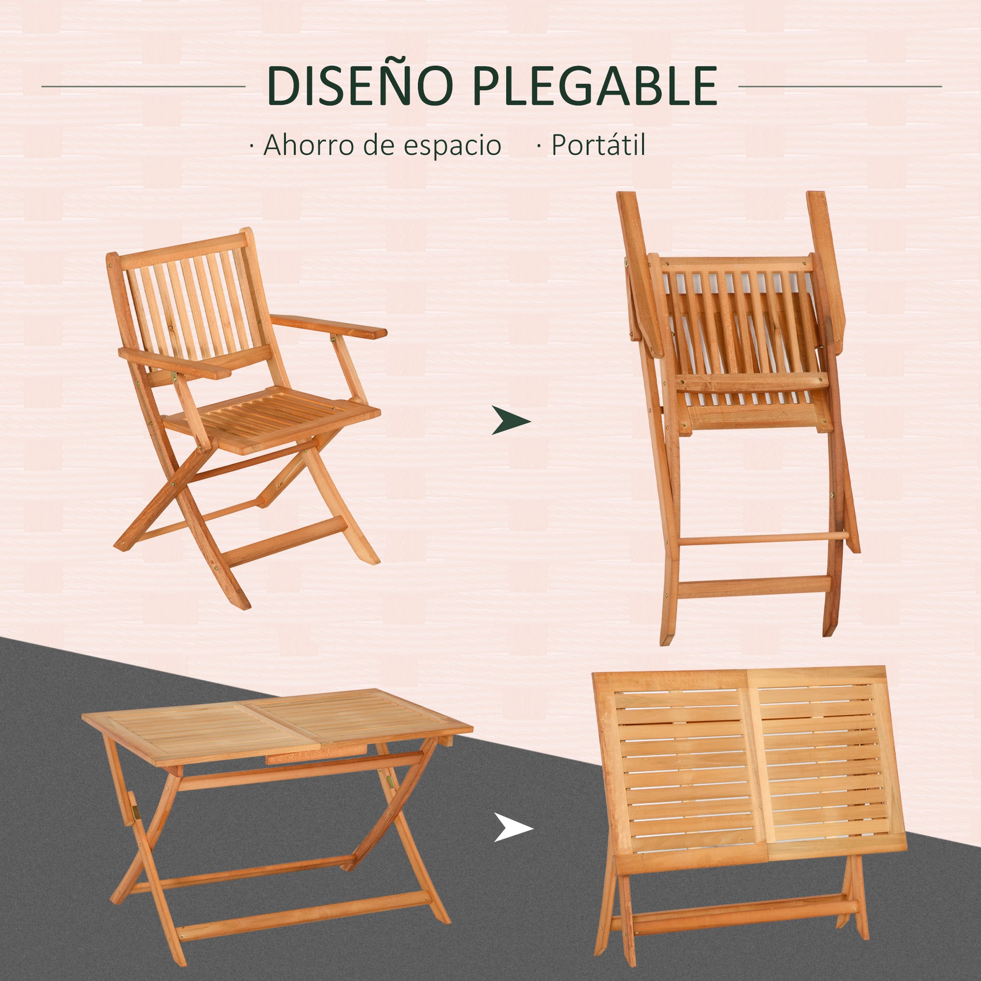 Outsunny Conjunto De Jardín De Madera Plegable Set Mesa 120x70x72 Cm Y 4 Sillas_5