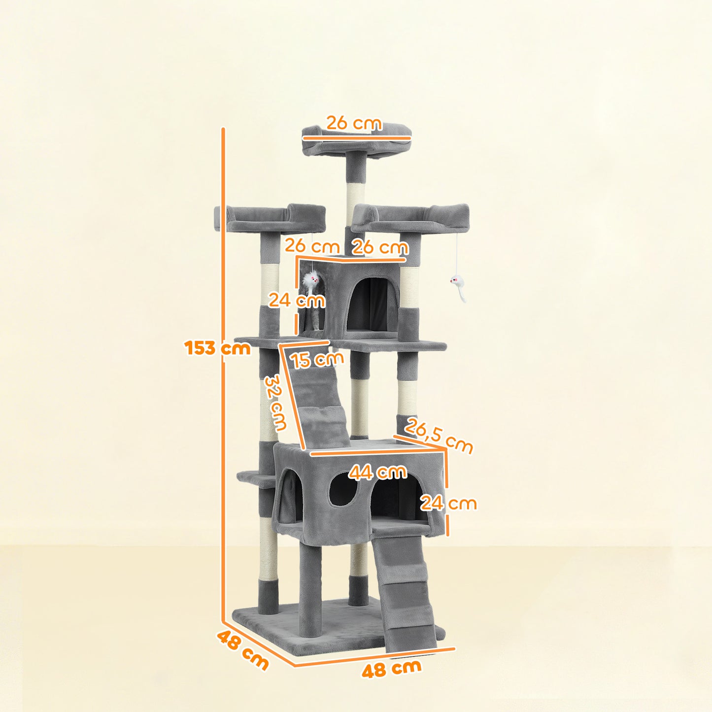 Pawhut Árbol Rascador Para Gatos 153 Cm Con 2 Cuevas 3 Camas 2 Rampas Gris_2