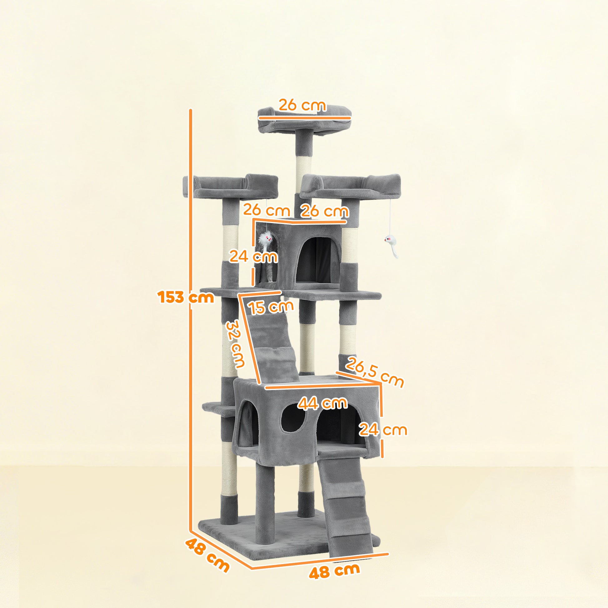 Pawhut Árbol Rascador Para Gatos 153 Cm Con 2 Cuevas 3 Camas 2 Rampas Gris_2