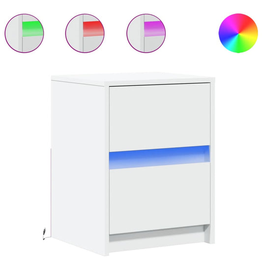 Mesitas De Noche Con Luces Led 2 Uds Madera Ingeniería Blanca_0
